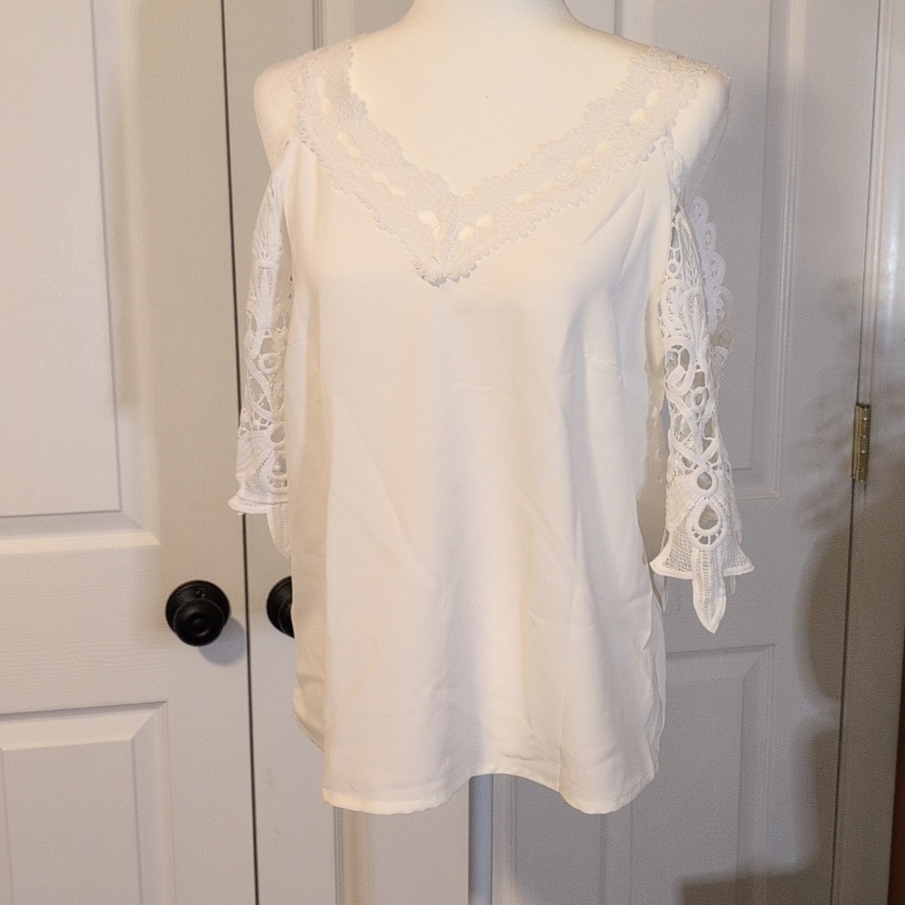 White Cold Shoulder V Neck Top With 3/4 Lace Sleeves
